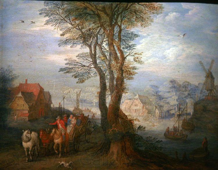 Jan Brueghel Peasants on a wagon near a river going through a village Germany oil painting art